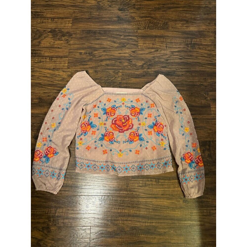 Savanna Jane Top Embroidered Blouse Boho Long Sleeve Floral Peasant Sz:medium